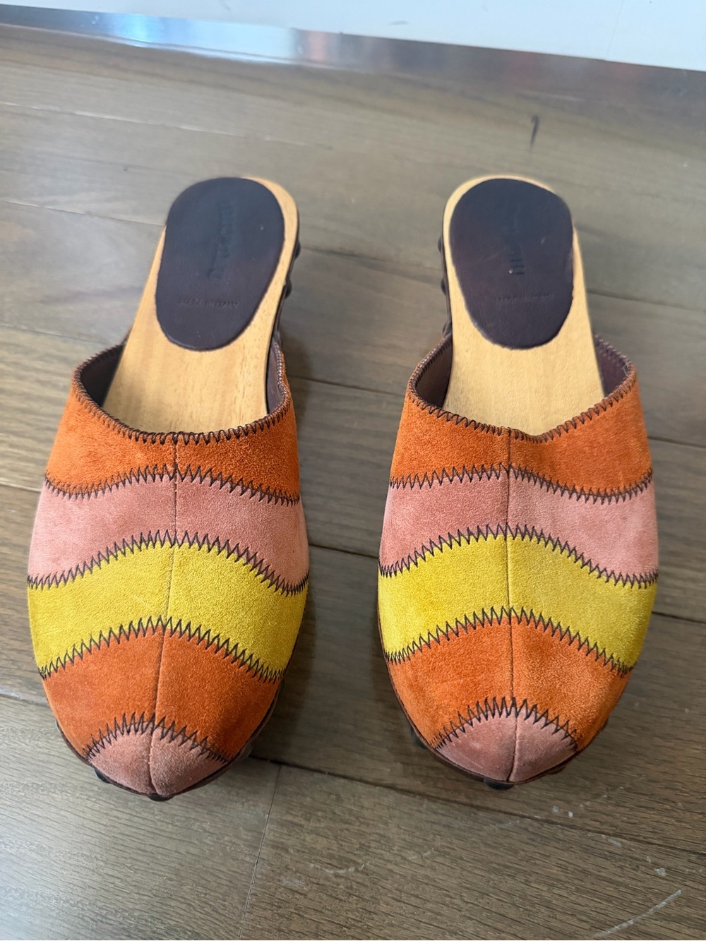 Miu Miu Vintage Tricolor Suede Wavy Patchwork Wood Clogs Mules - EU 38